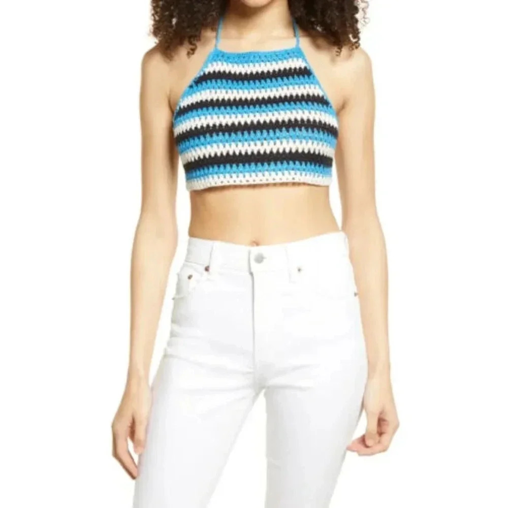 BP Striped Crochet Halter‎ Crop Top Blue Black White Boho Festival Sleeveless